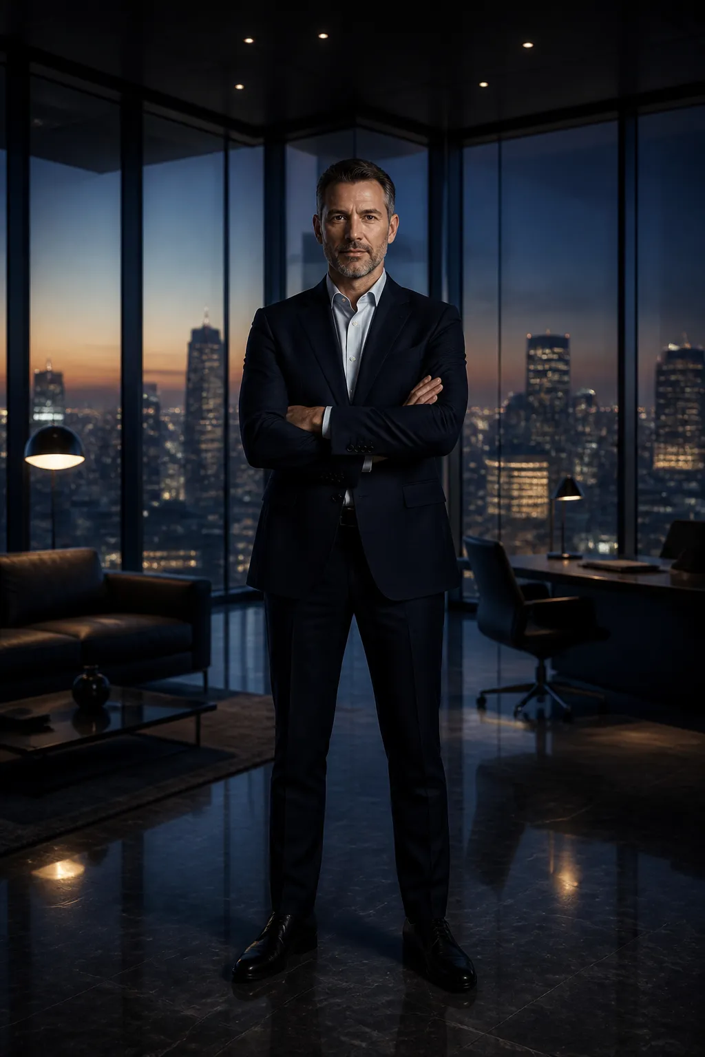 Confident franchise owner in a modern office overlooking a city at dusk