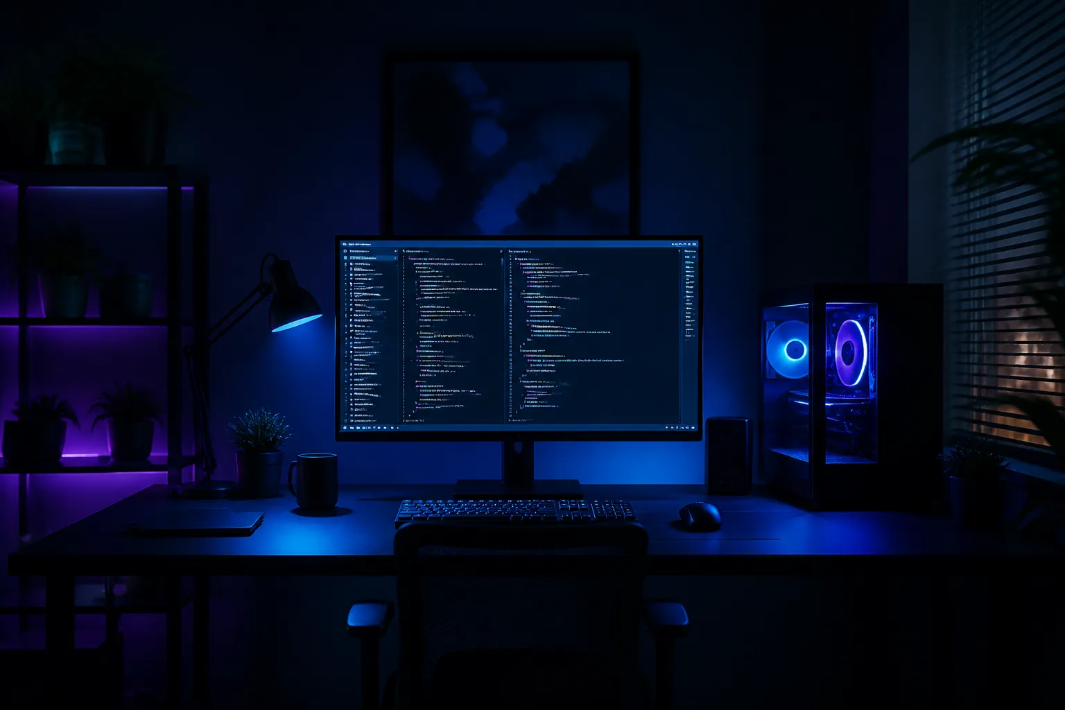 A developer's workspace lit by a glowing monitor late at night